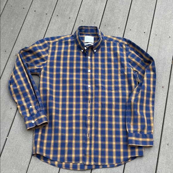 Saturdays New York City Navy and Mustard Checkered Shirt size L - Picture 1 of 5